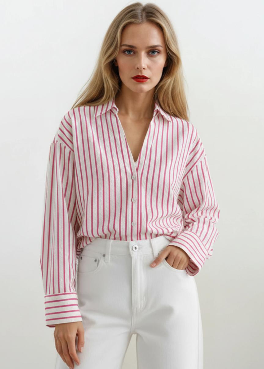 Woman wearing a pink and white striped shirt with white pants on a plain background