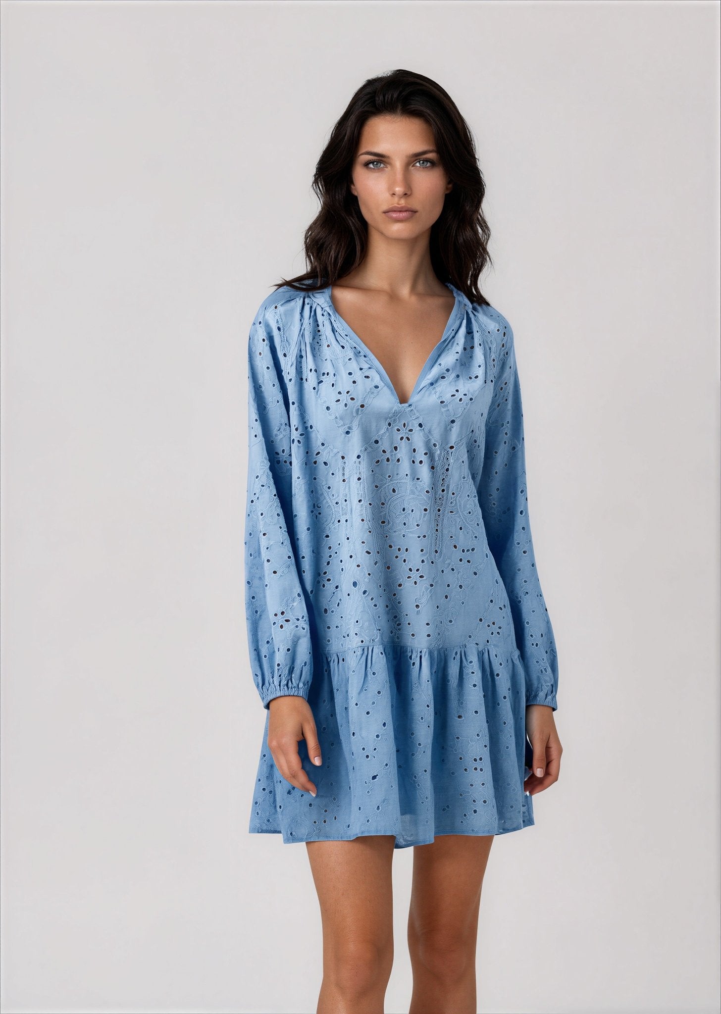 FAIRMOUNT women's eyelet long sleeve single ruffle mini dress - Yana K Collective