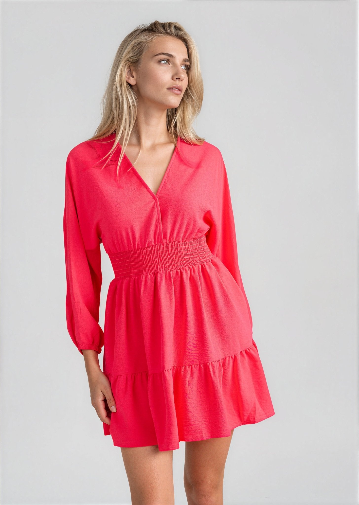 IZZY women's high waist smocked long sleeve mini dress - Yana K Collective
