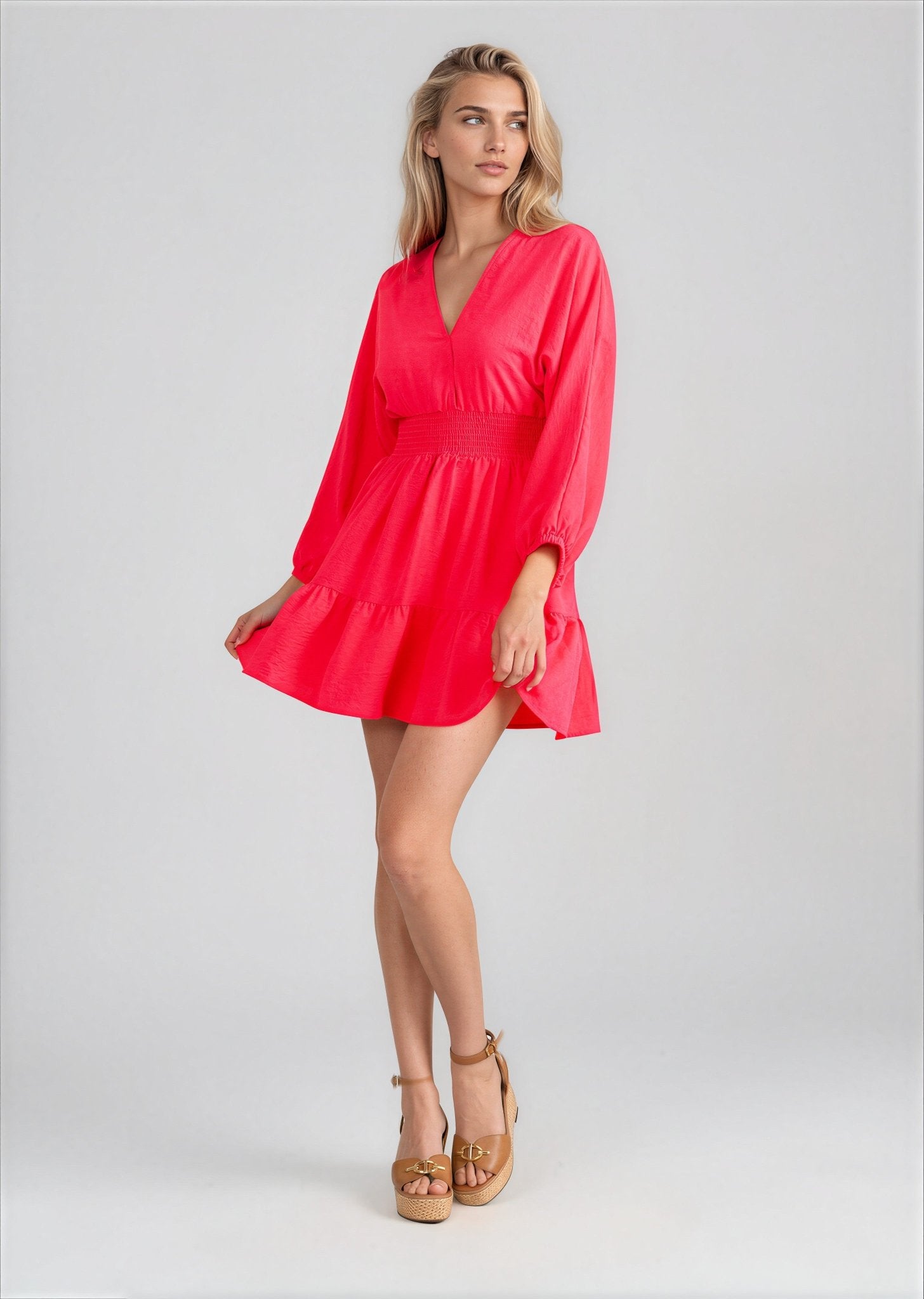 IZZY women's high waist smocked long sleeve mini dress - Yana K Collective