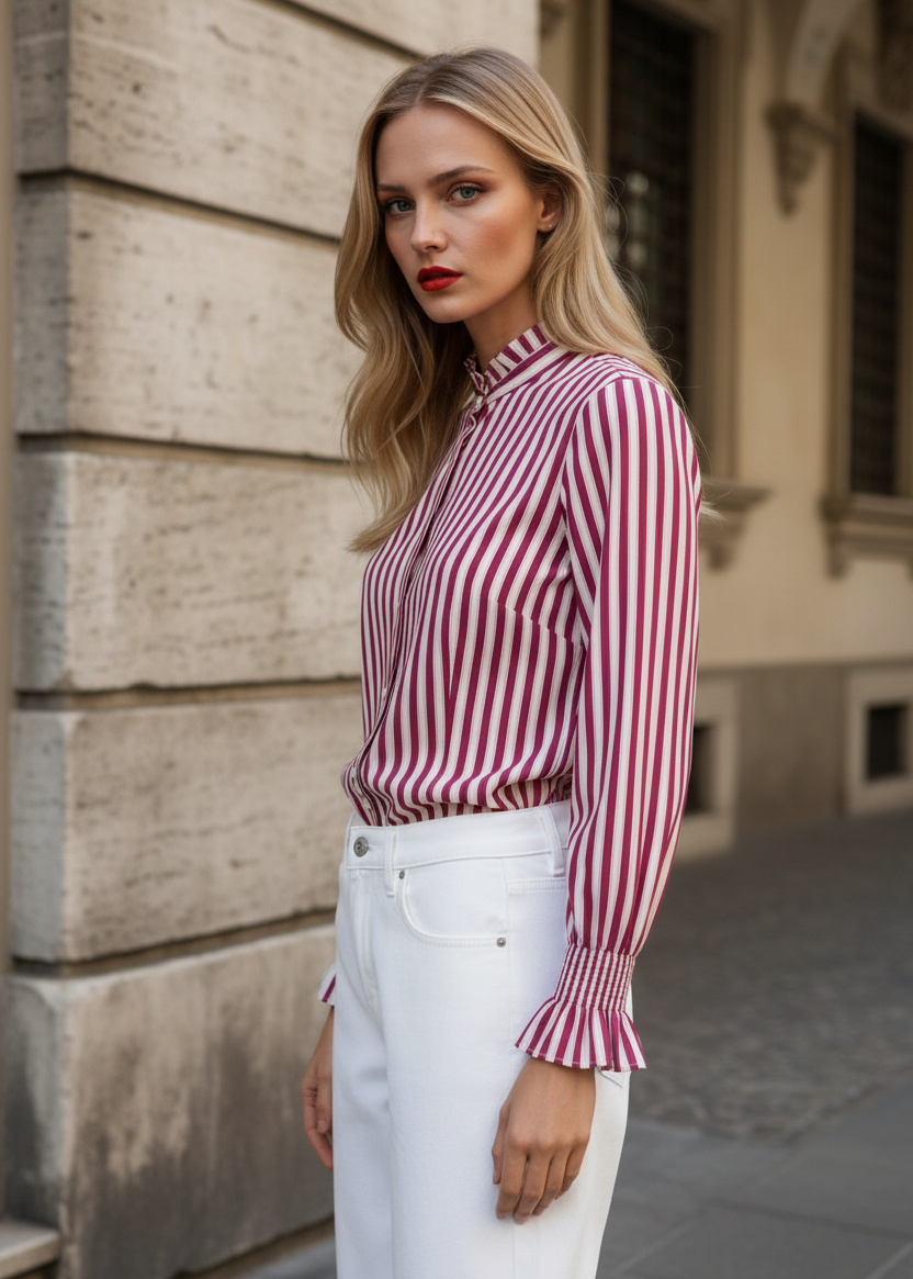 Woman wearing a red and white striped shirt and white pants standing against a stone wall.