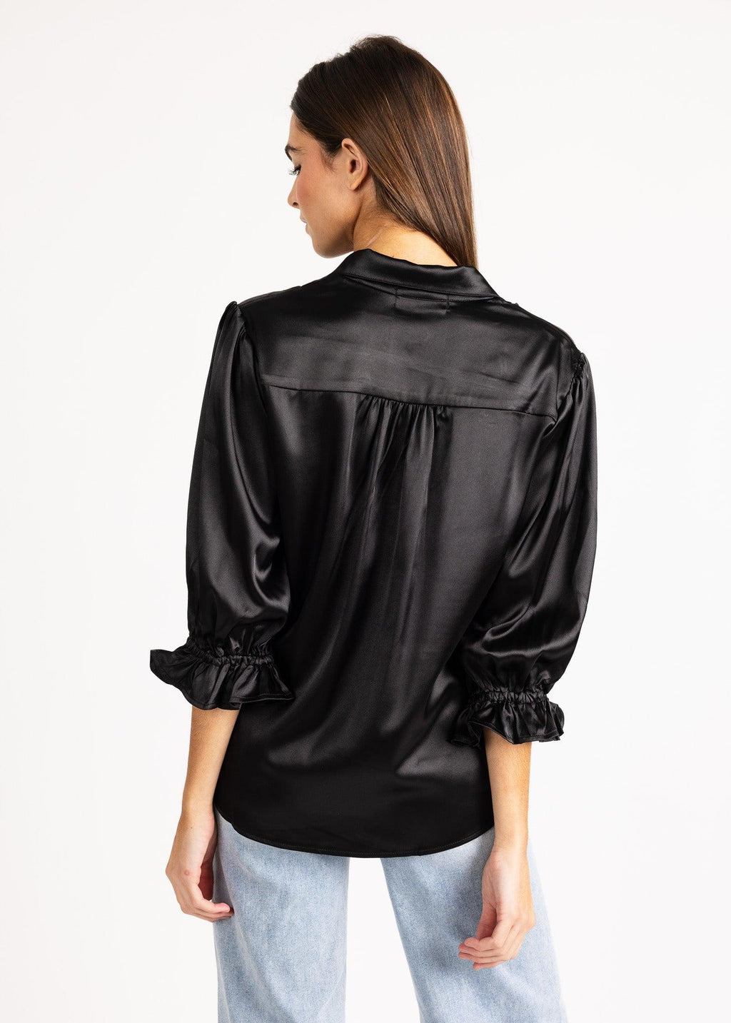 KESH women's collared button down ruffle sleeve satin blouse - Yana K Collective