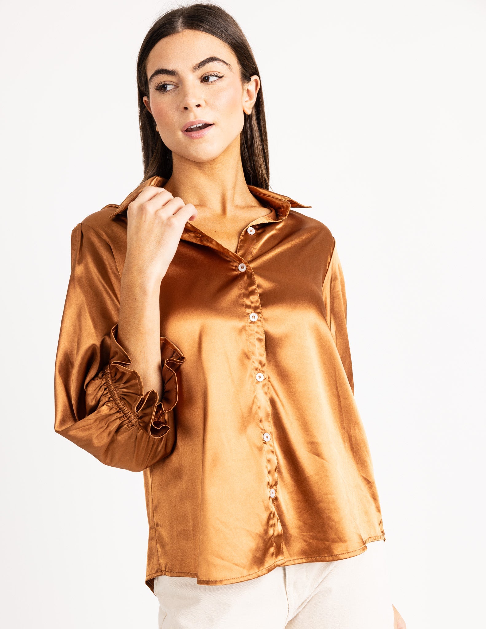 KESH women's collared button down ruffle sleeve satin blouse - Yana K Collective
