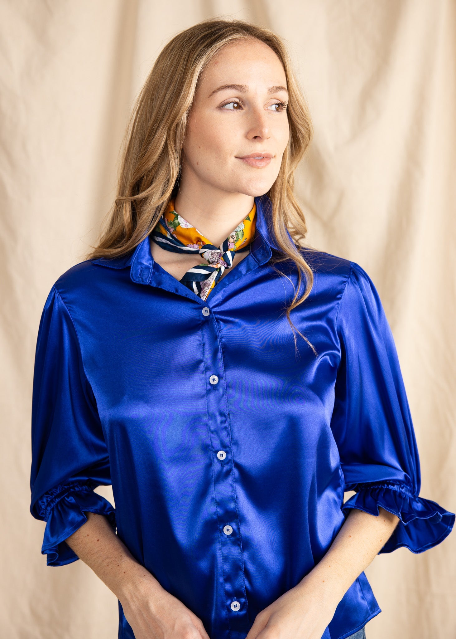 KESH women's collared button down ruffle sleeve satin blouse - Yana K Collective