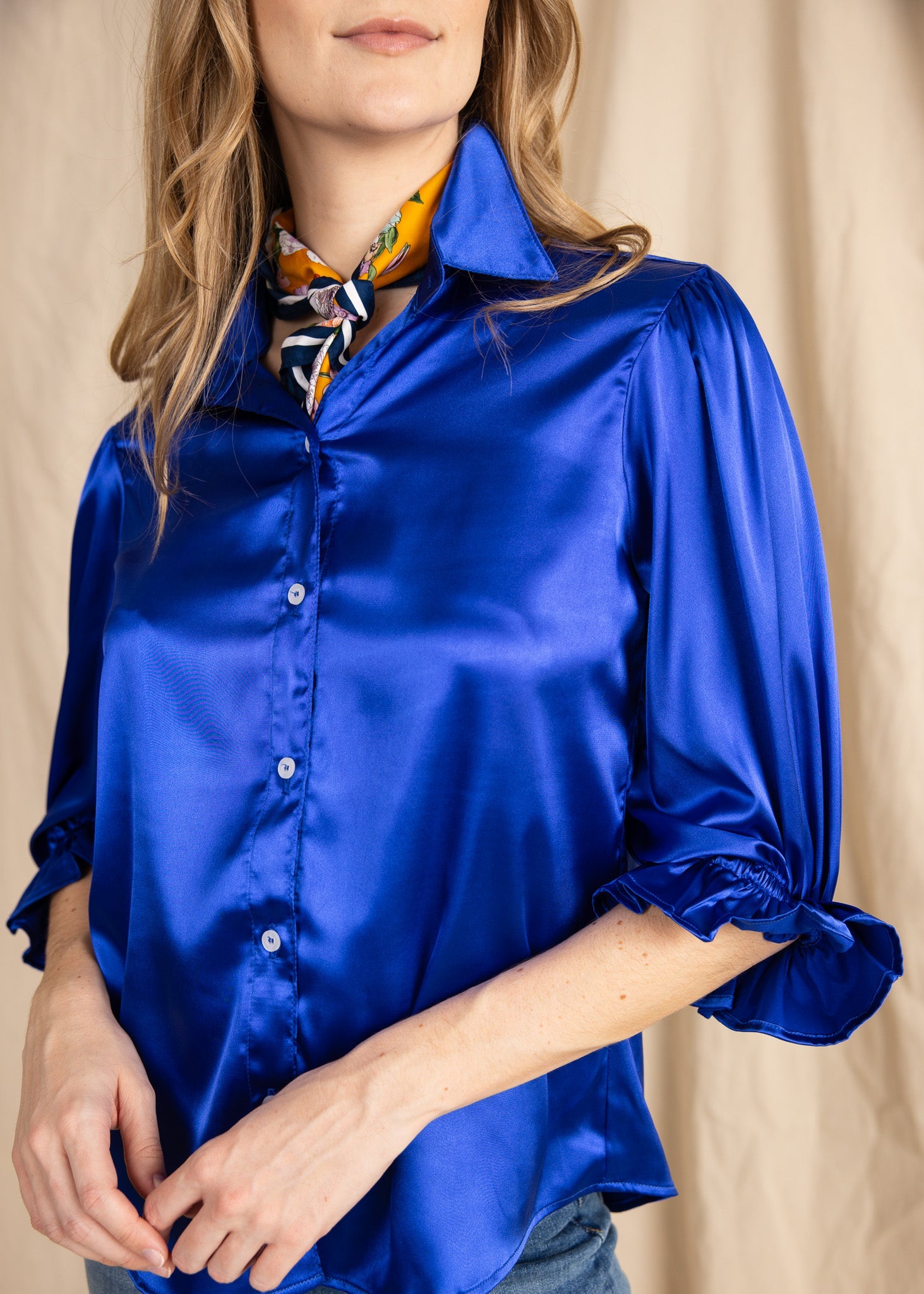 KESH women's collared button down ruffle sleeve satin blouse - Yana K Collective