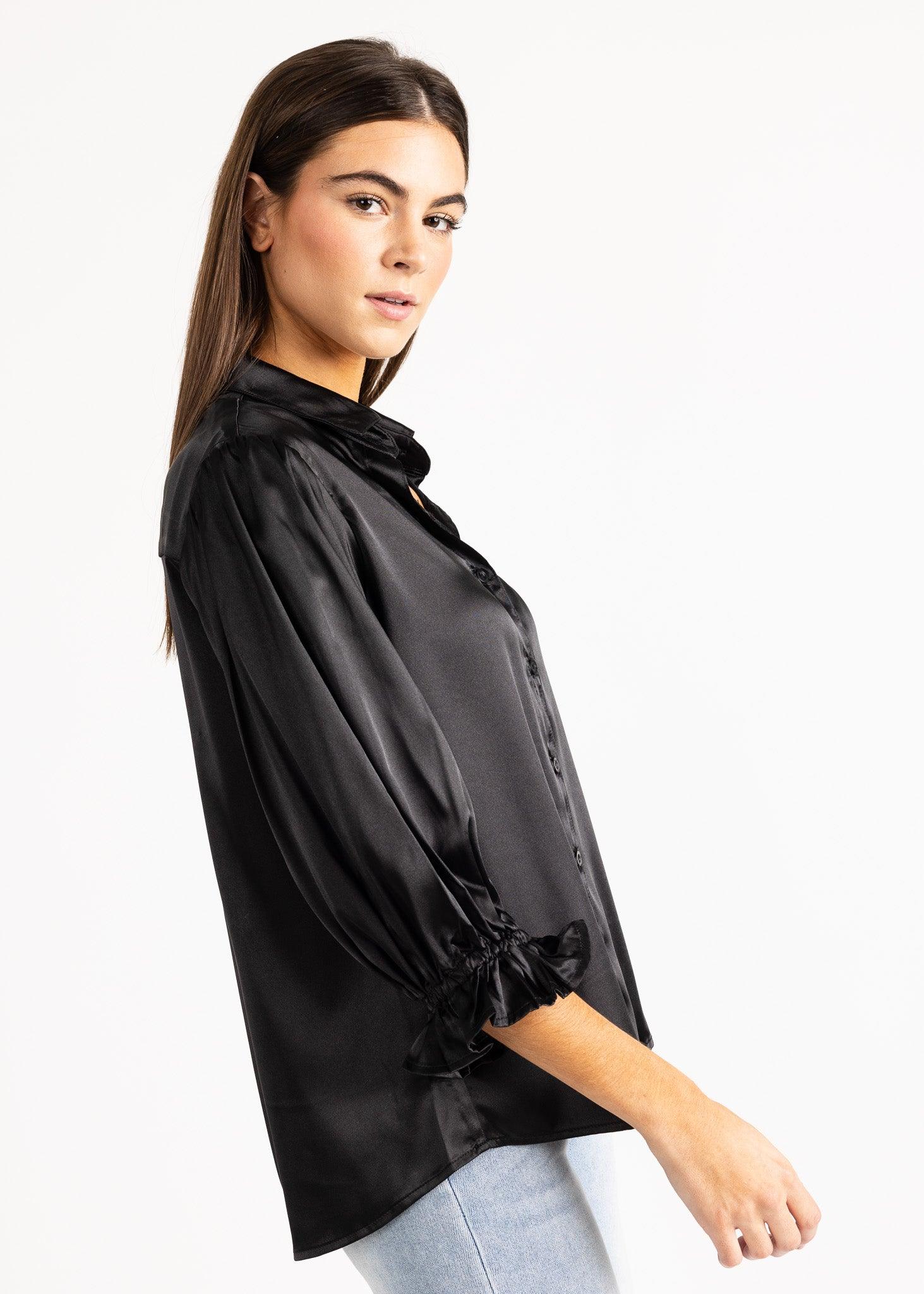 KESH women's collared button down ruffle sleeve satin blouse - Yana K Collective