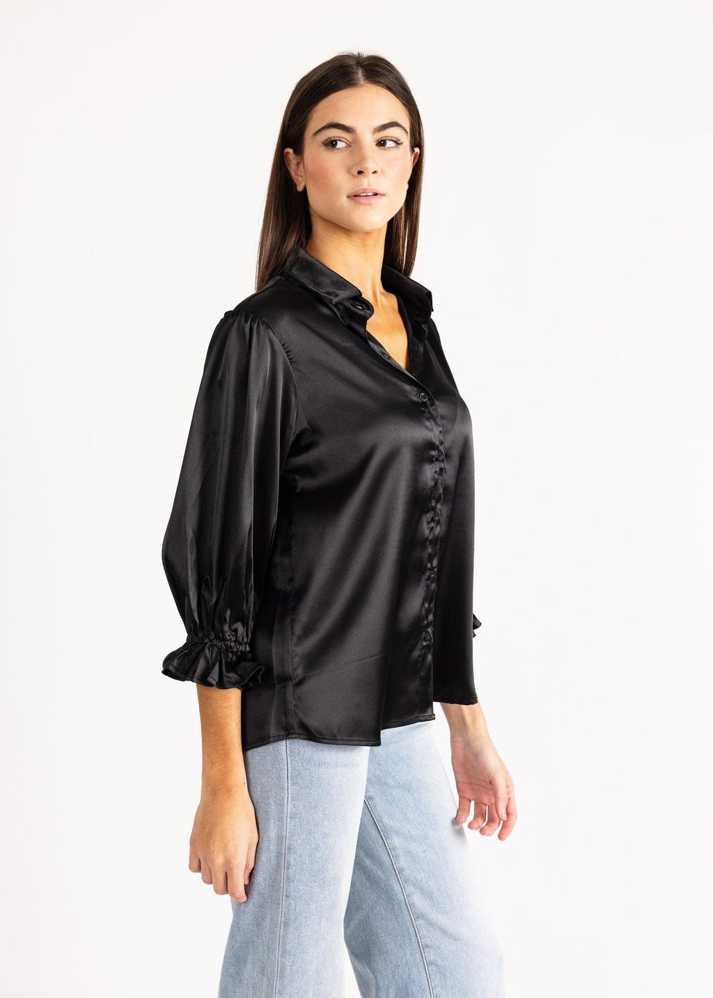 KESH women's collared button down ruffle sleeve satin blouse - Yana K Collective