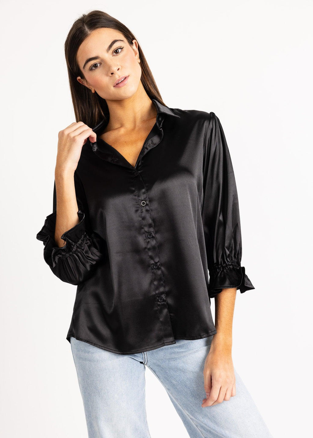 KESH women's collared button down ruffle sleeve satin blouse - Yana K Collective