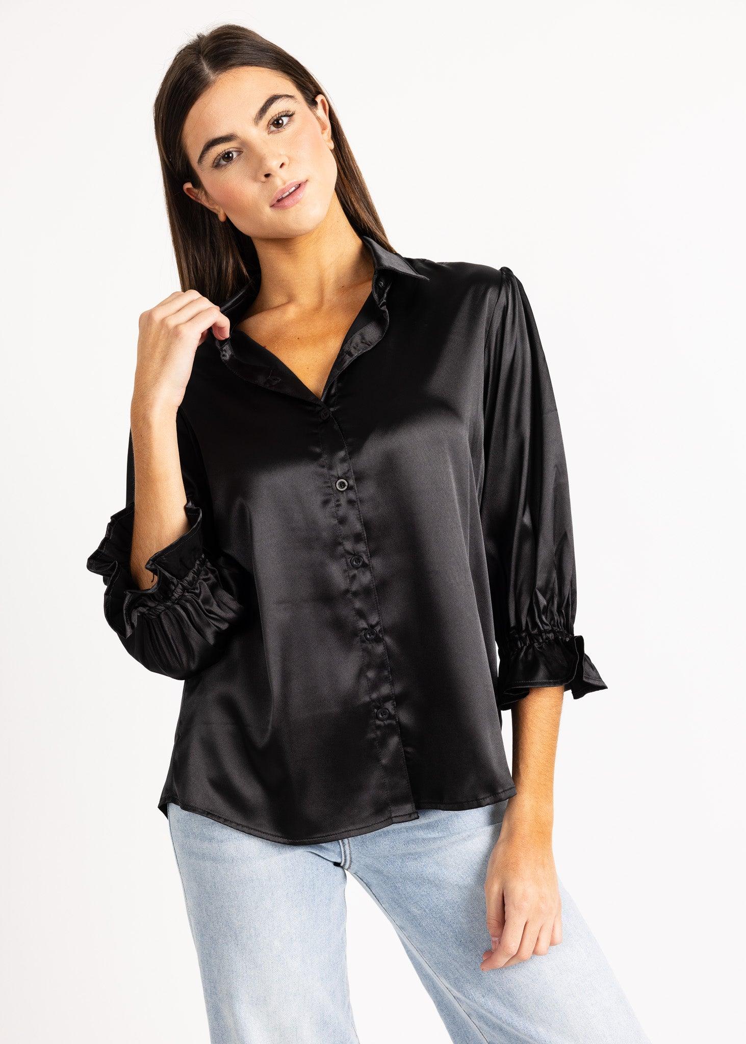 KESH women's collared button down ruffle sleeve satin blouse - Yana K Collective
