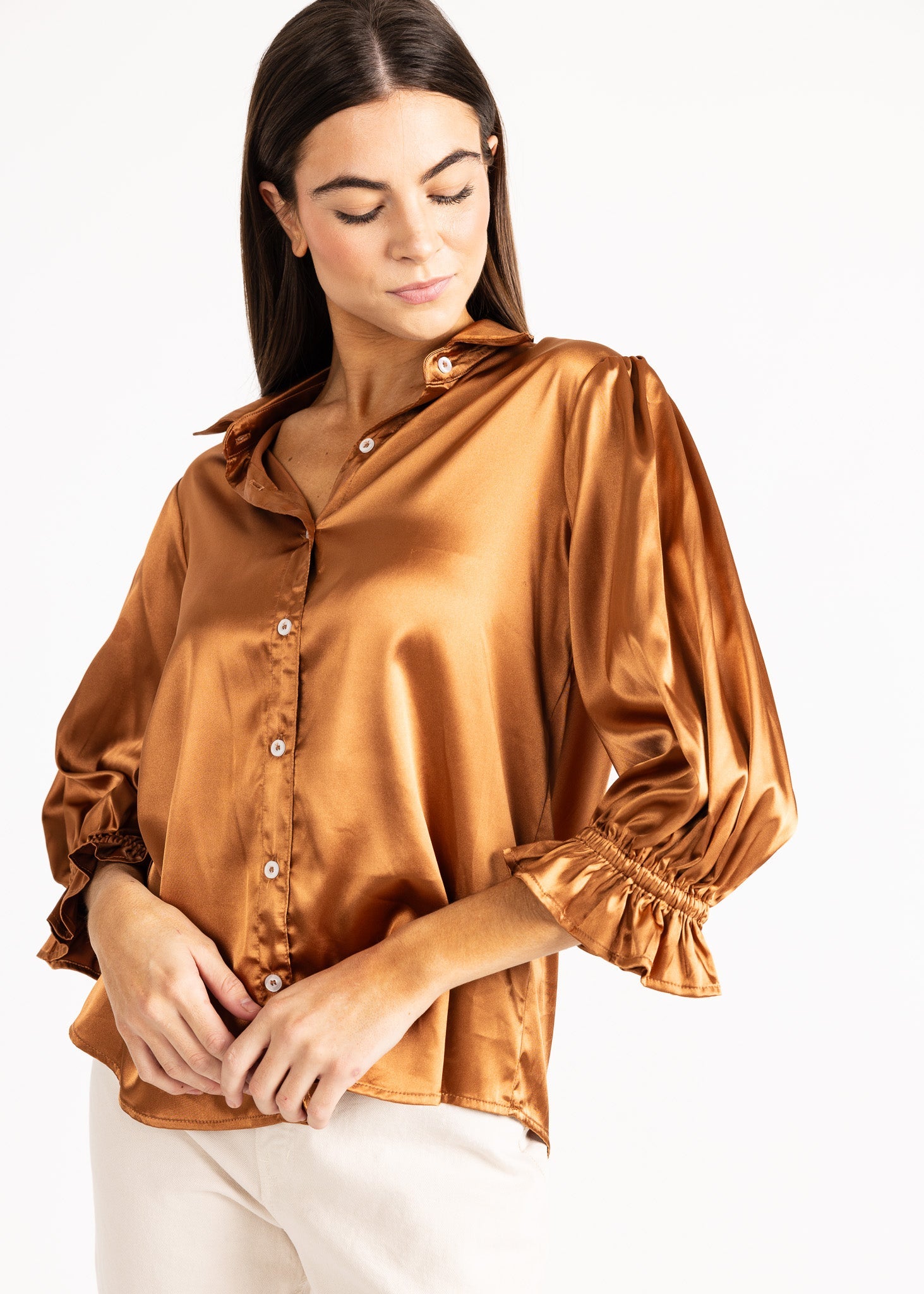 KESH women's collared button down ruffle sleeve satin blouse - Yana K Collective