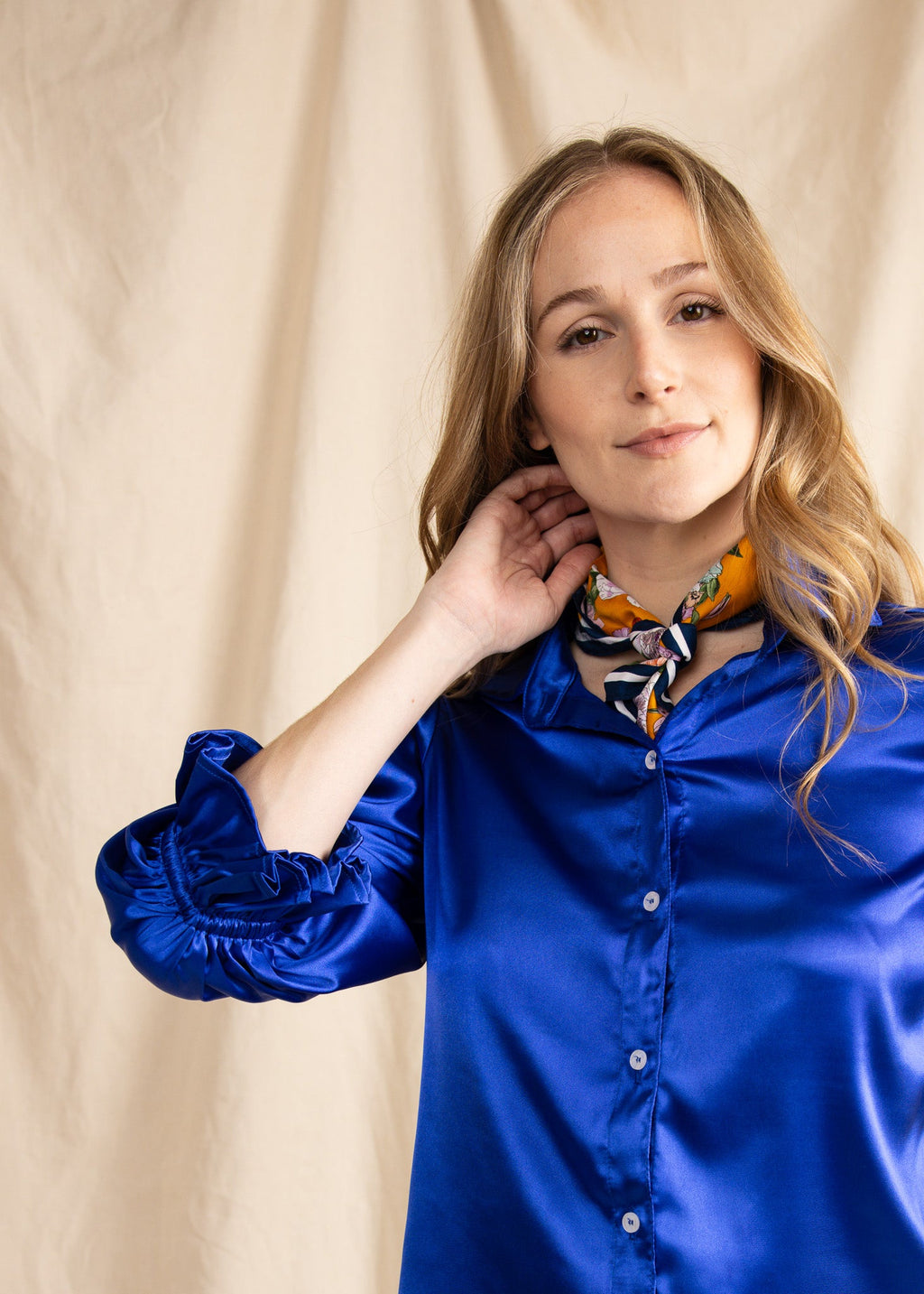 KESH women's collared button down ruffle sleeve satin blouse - Yana K Collective