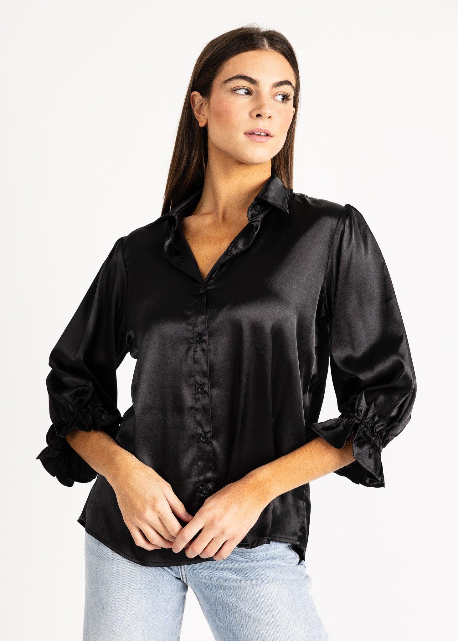 KESH women's collared button down ruffle sleeve satin blouse - Yana K Collective