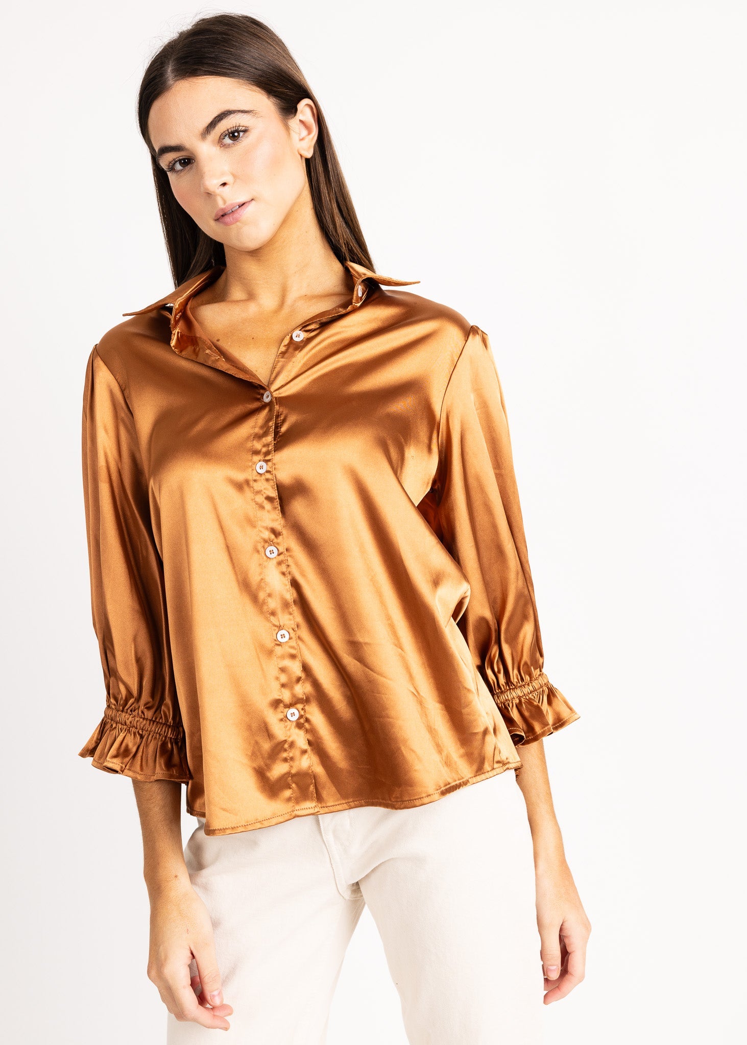 KESH women's collared button down ruffle sleeve satin blouse - Yana K Collective