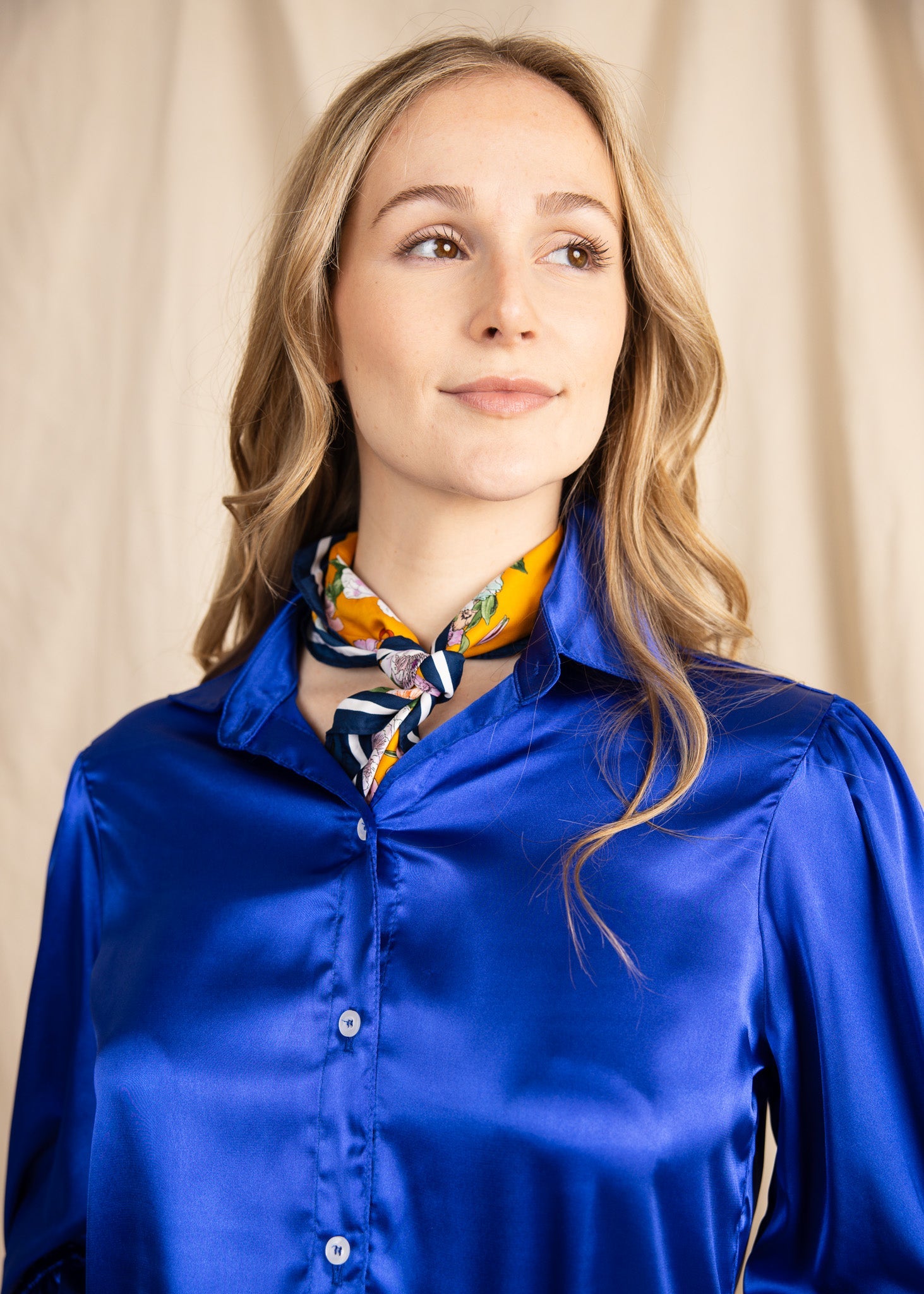 KESH women's collared button down ruffle sleeve satin blouse - Yana K Collective