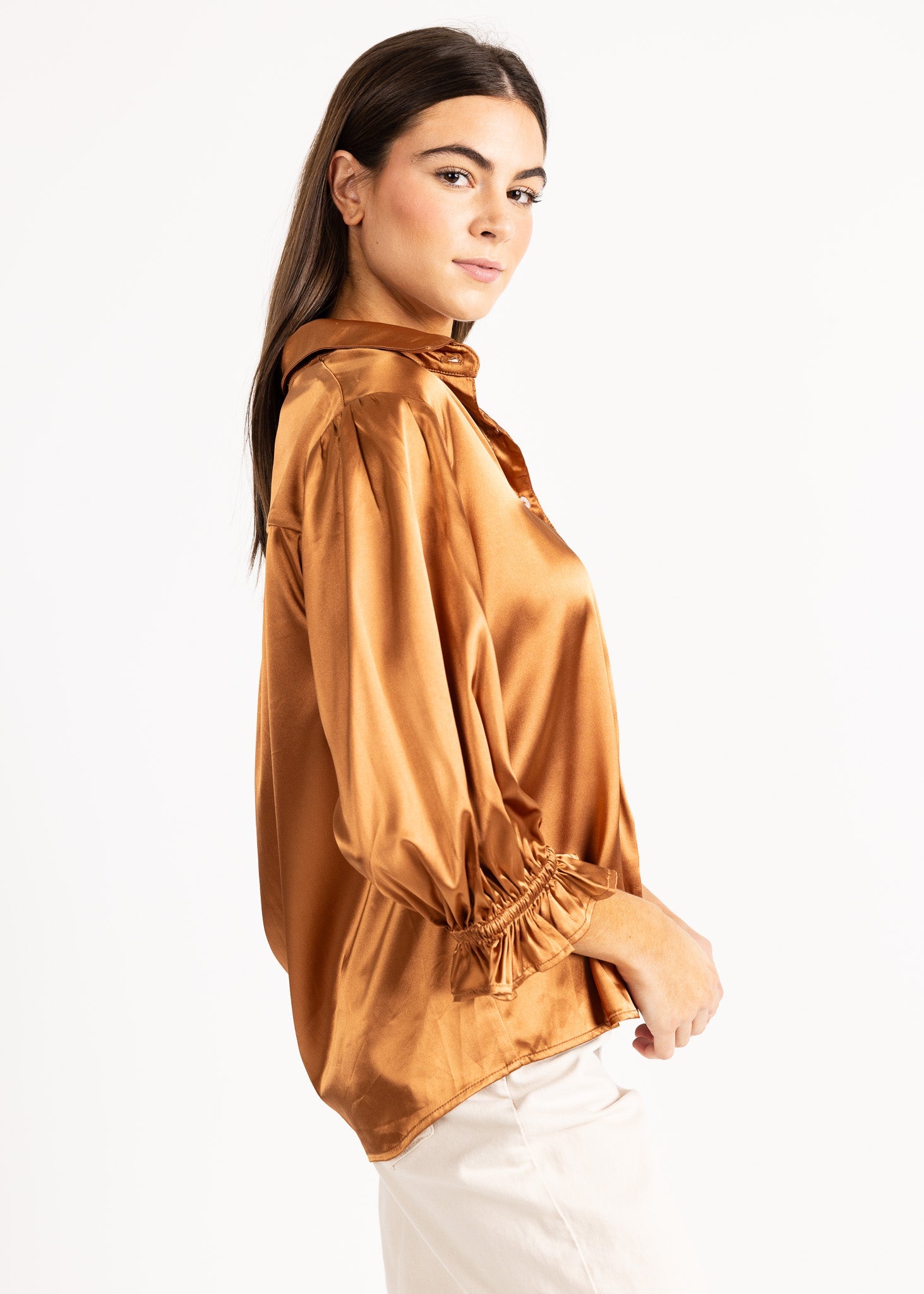 KESH women's collared button down ruffle sleeve satin blouse - Yana K Collective