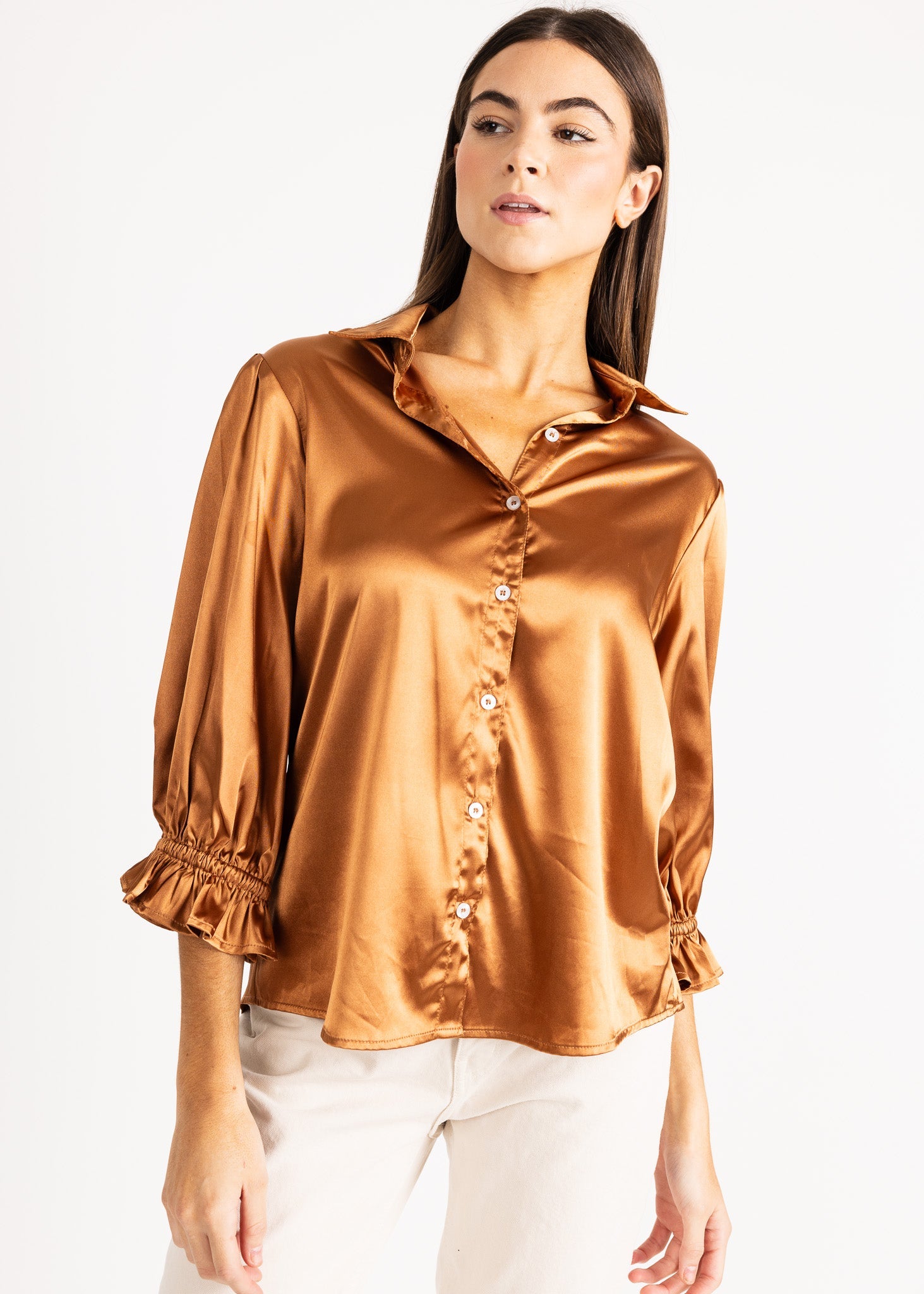 KESH women's collared button down ruffle sleeve satin blouse - Yana K Collective