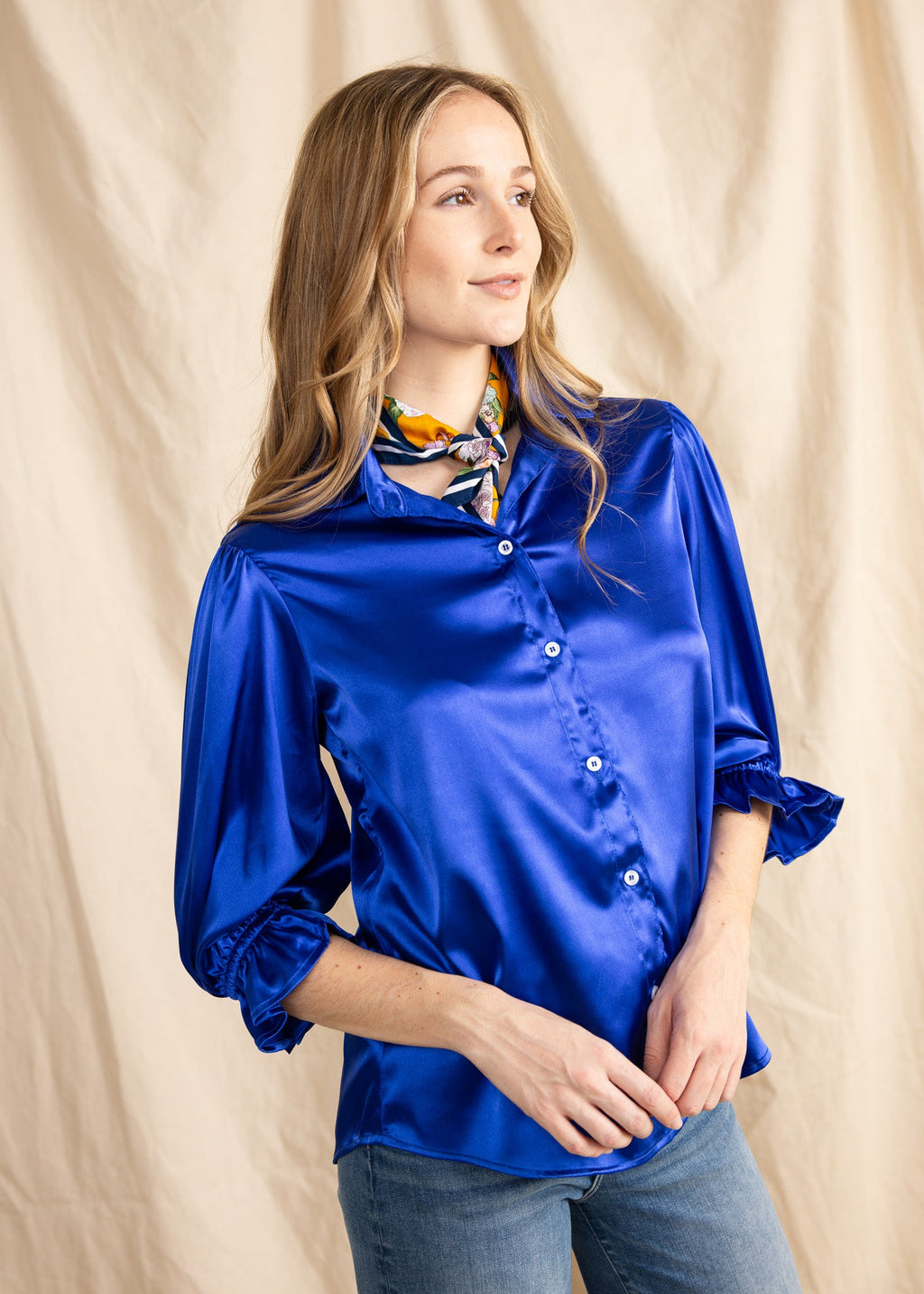 KESH women's collared button down ruffle sleeve satin blouse - Yana K Collective