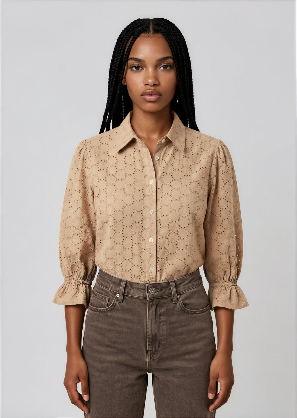 KESH women's cotton embroidered taupe blouse - Yana K Collective