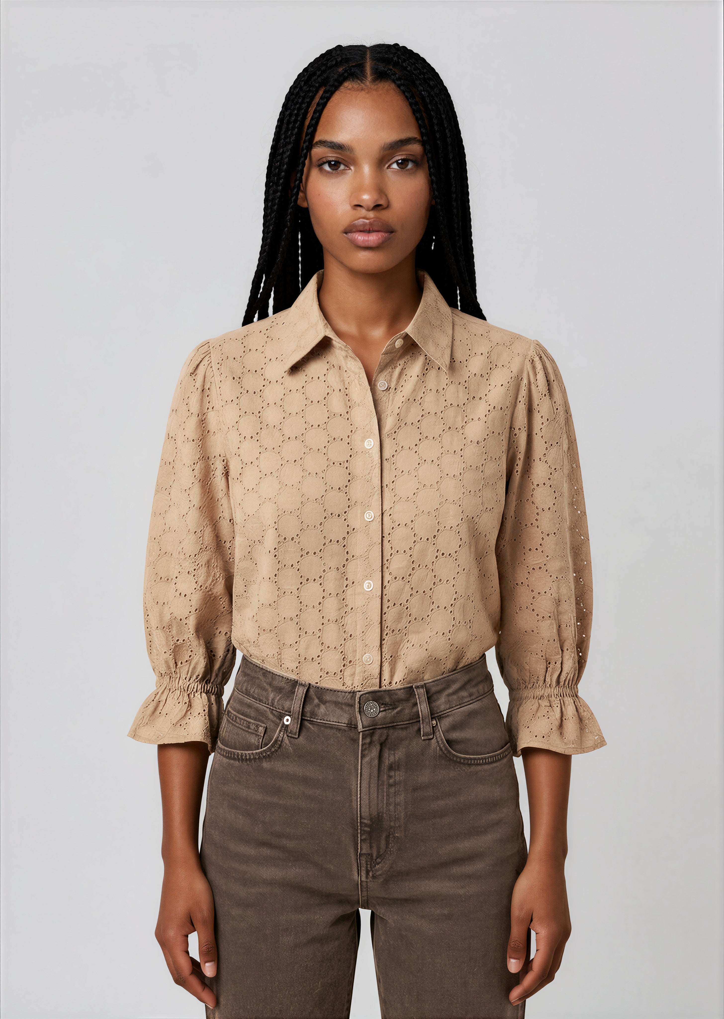KESH women's cotton embroidered taupe blouse - Yana K Collective