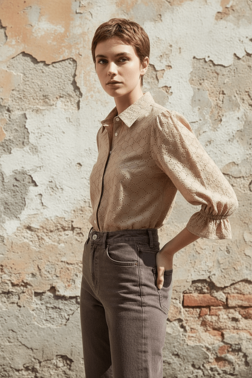 KESH women's cotton embroidered taupe blouse - Yana K Collective