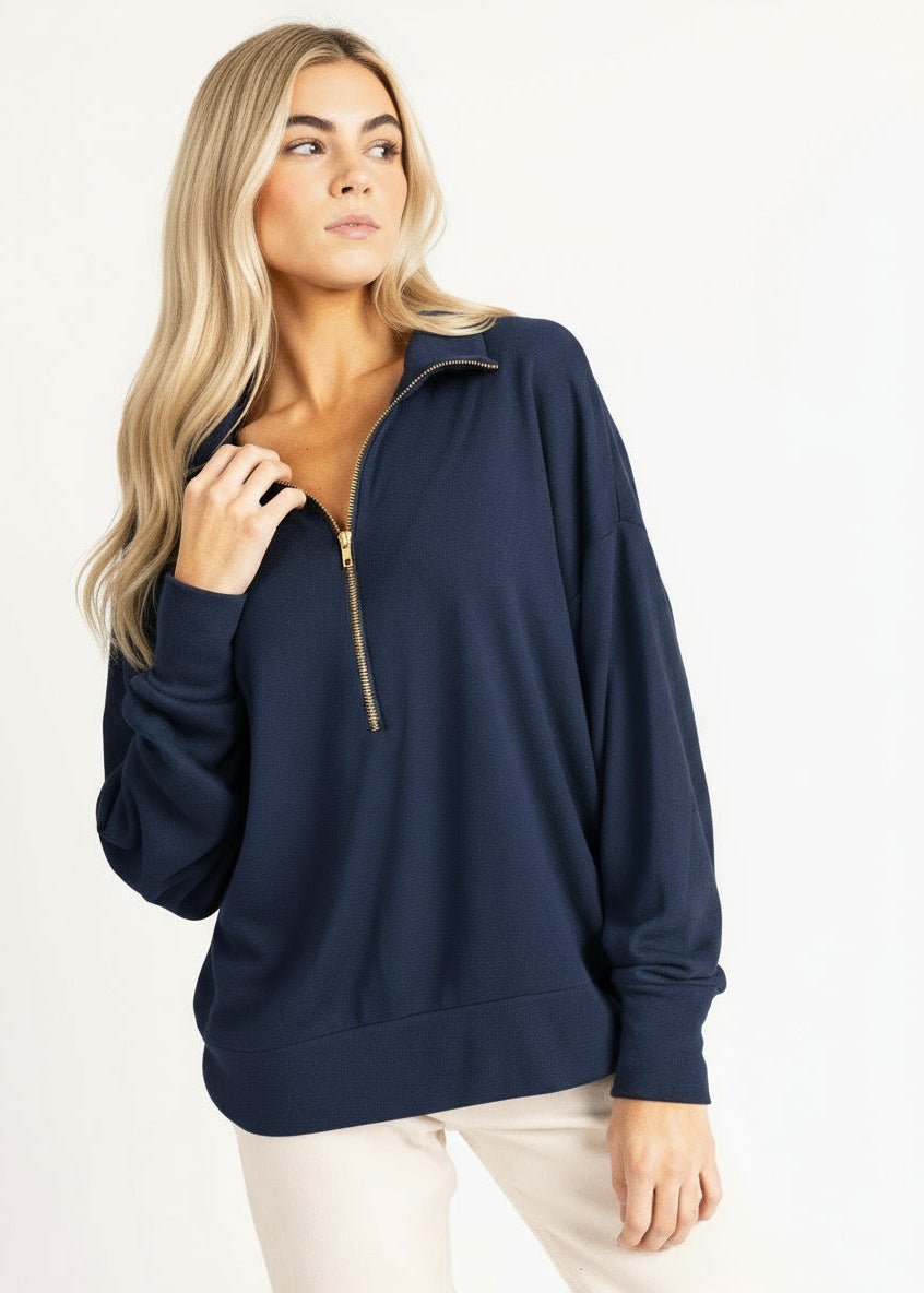 LAUREN women's zip-up sailer collar fleece sweater - YANA K