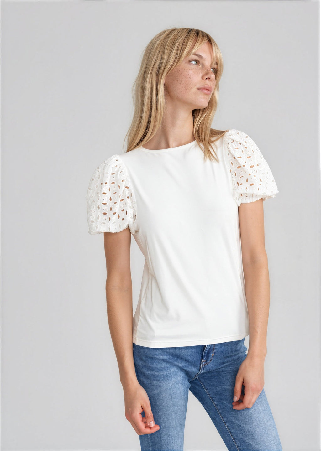 MATTEO women's eyelet gathered shoulder rounded neck tee - Yana K Collective