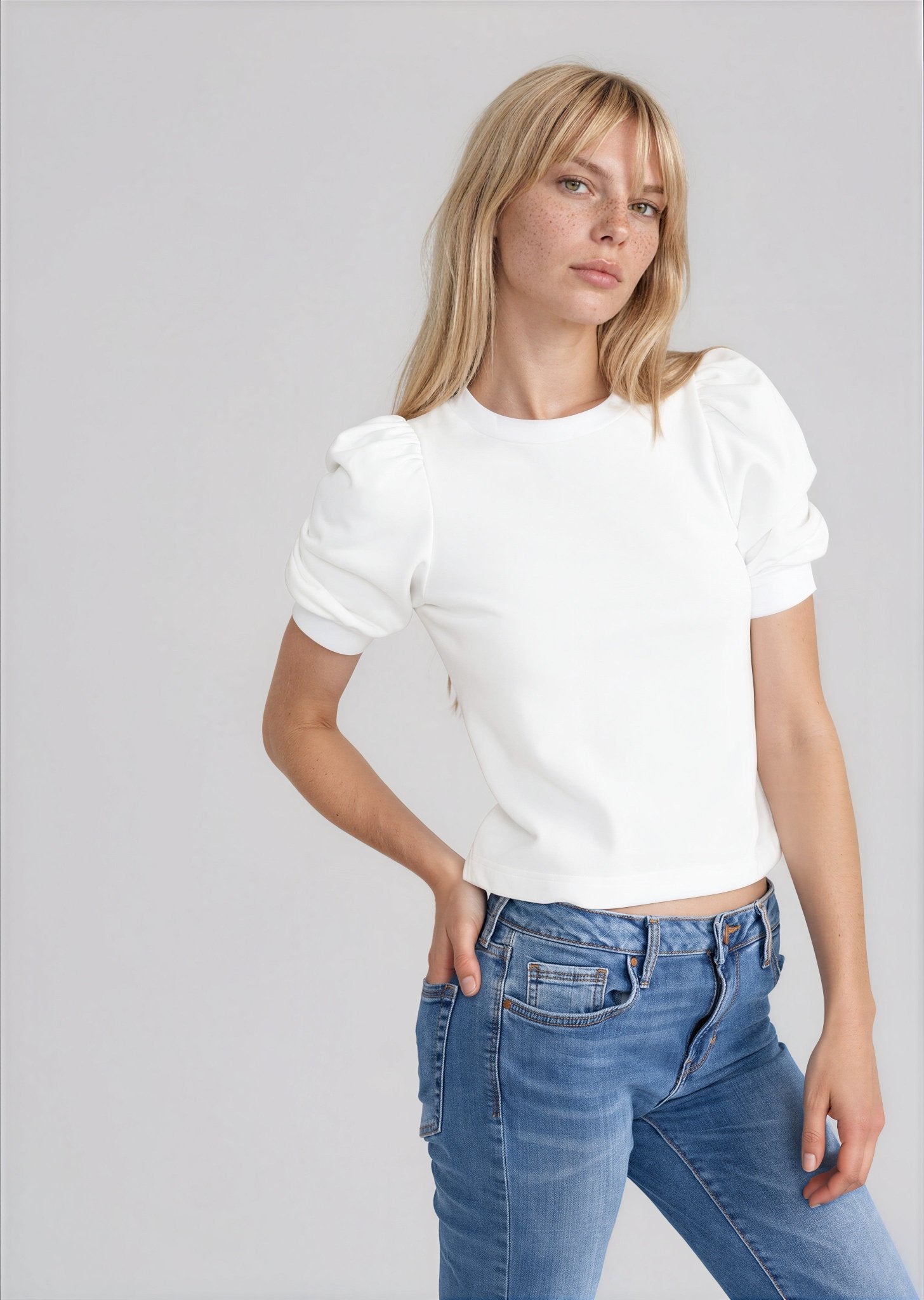 MATTEO women's french terry gathered shoulder sweater top - Yana K Collective
