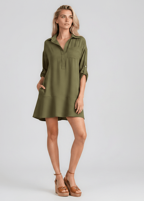 PORTOBELLO women's single ruffle collared roll-tab sleeve mini dress - YANA K