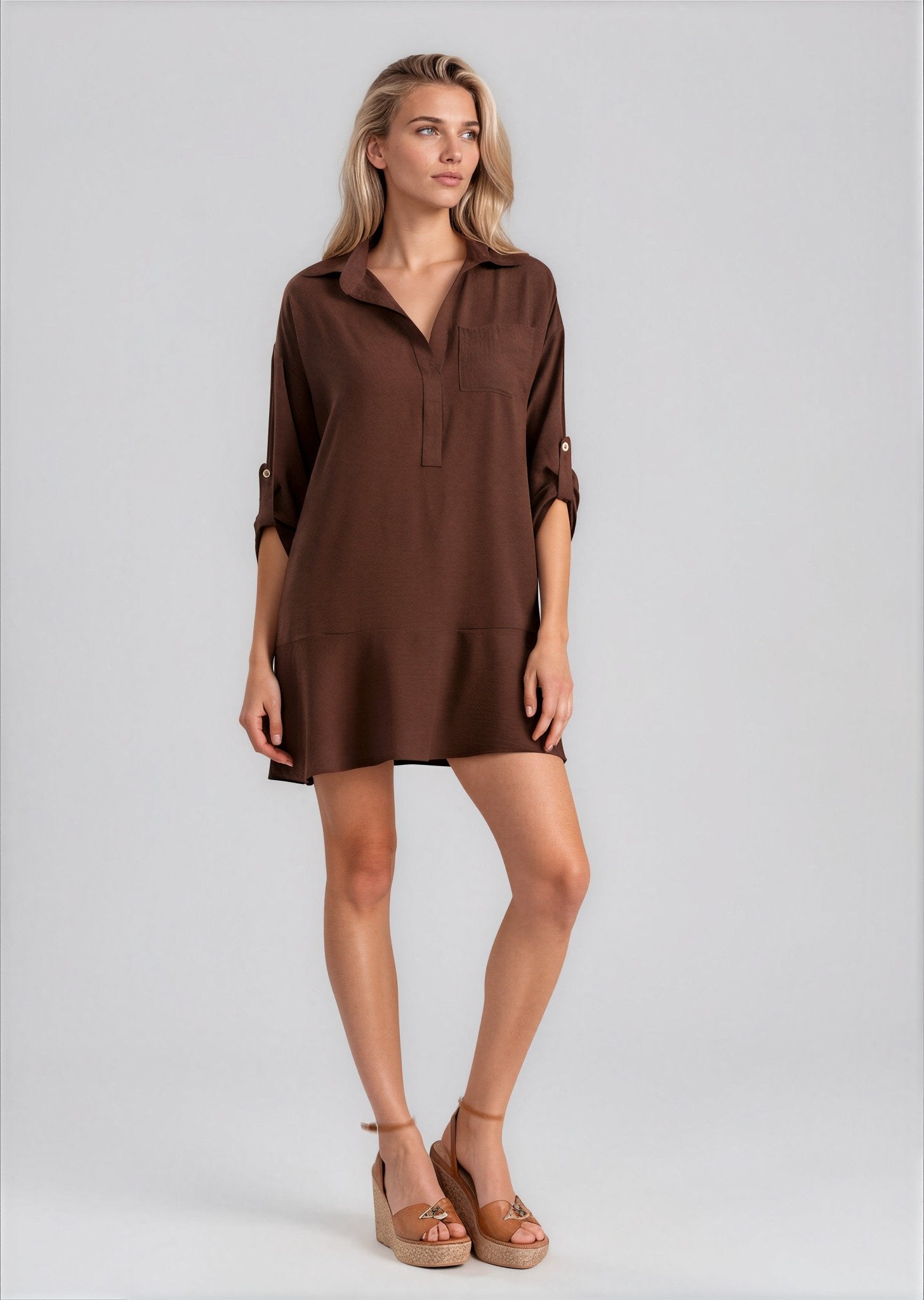 PORTOBELLO women's single ruffle collared roll - tab sleeve mini dress - Yana K Collective