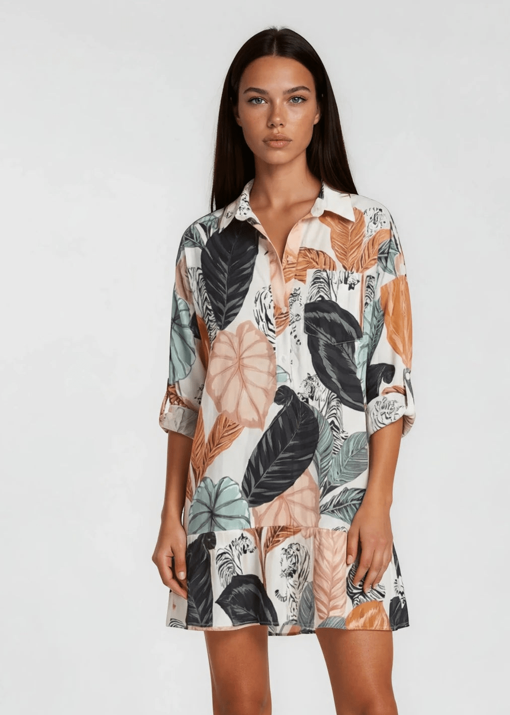 PORTOBELLO women's single ruffle collared roll - tab sleeve mini dress tiger print - Yana K Collective