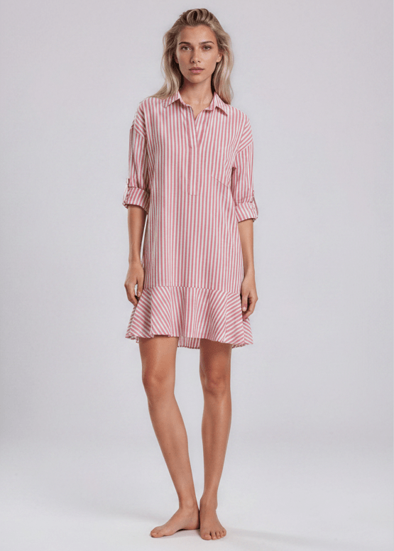 PORTOBELLO women's single ruffle roll-tab sleeve cotton seersucker taupe stripe mini dress - YANA K