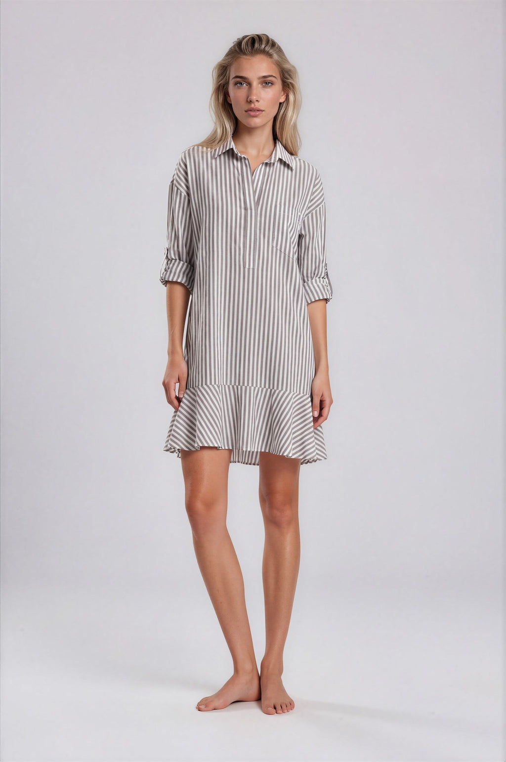 PORTOBELLO women's single ruffle roll-tab sleeve cotton sseersucker taupe stripe mini dress - Yana K Collective