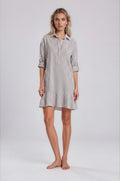 PORTOBELLO women's single ruffle roll-tab sleeve cotton sseersucker taupe stripe mini dress - Yana K Collective