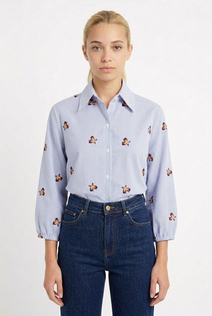 SASHA womens butterfly embroidered striped seersucker blouse - Yana K Collective