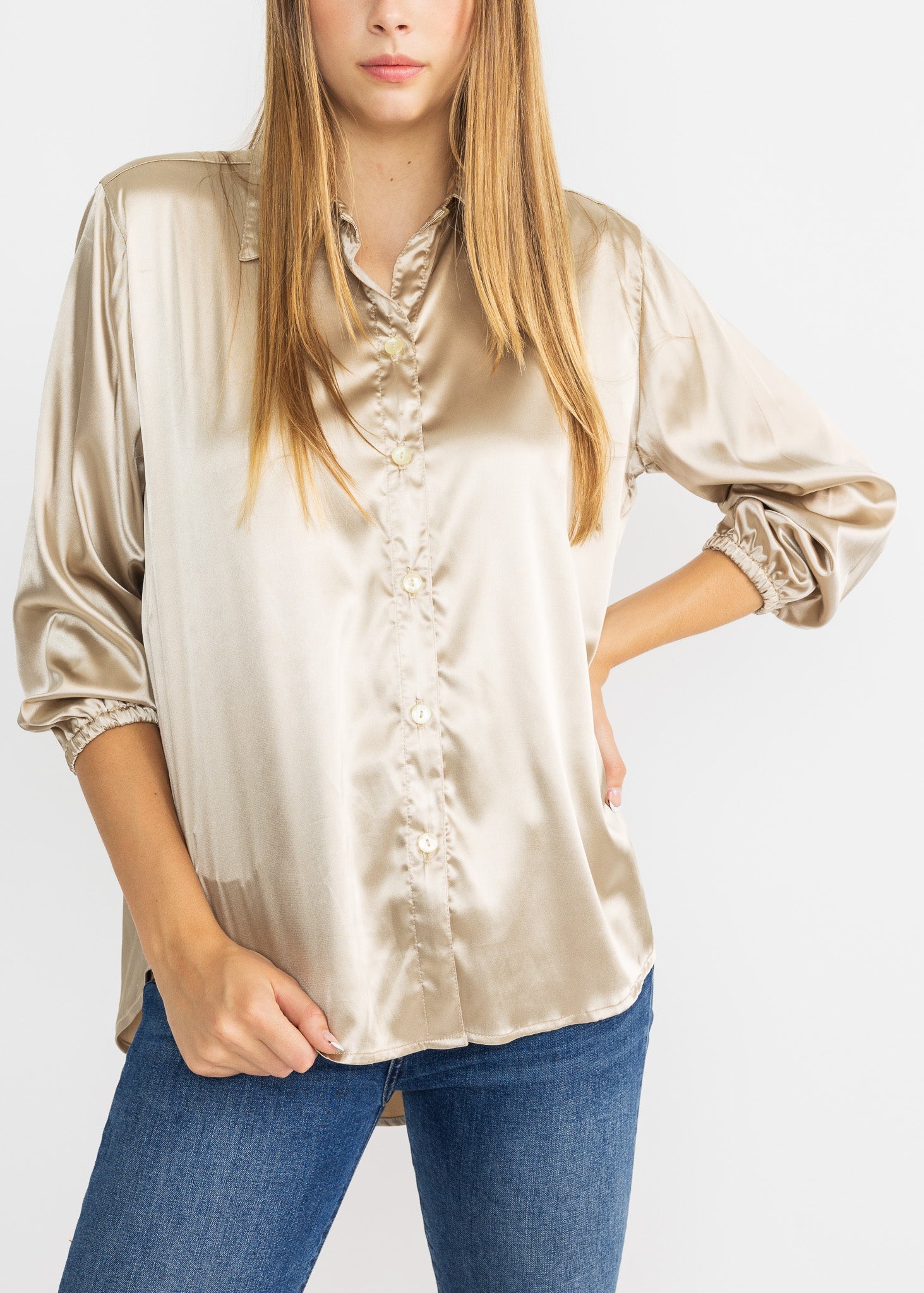 SASHA women's collared button down high low satin blouse - Yana K Collective