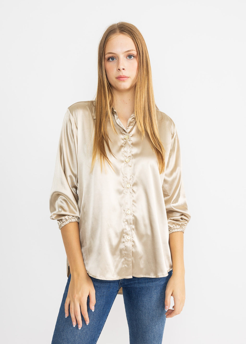 SASHA women's collared button down high low satin blouse - Yana K Collective