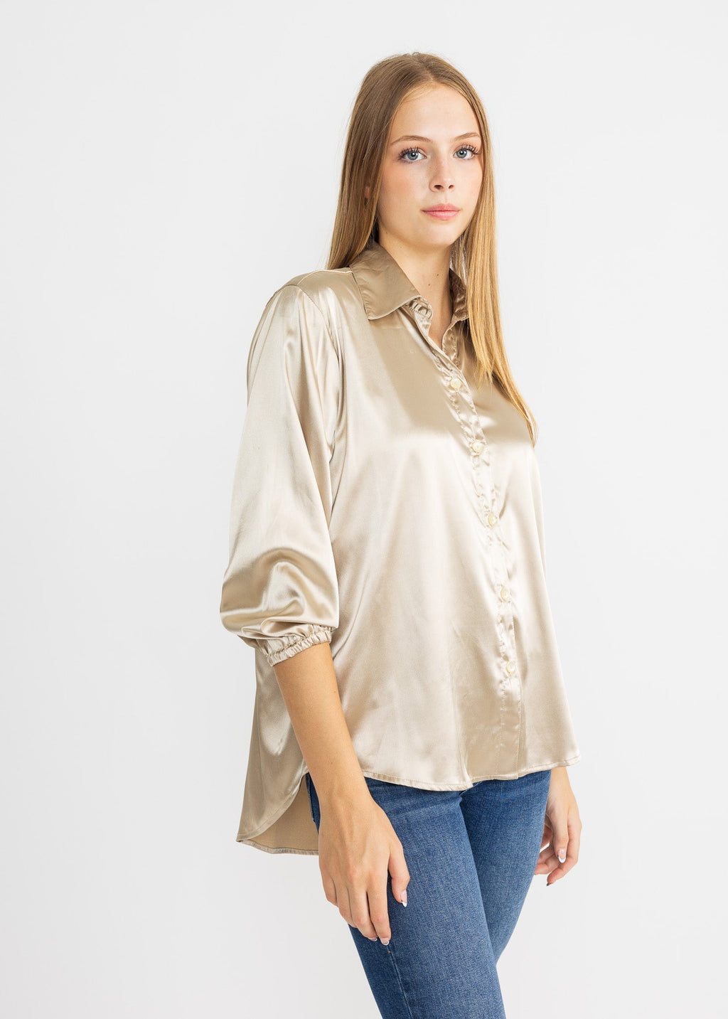 SASHA women's collared button down high low satin blouse - Yana K Collective