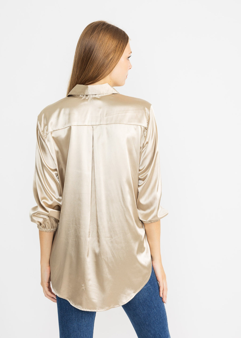SASHA women's collared button down high low satin blouse - Yana K Collective