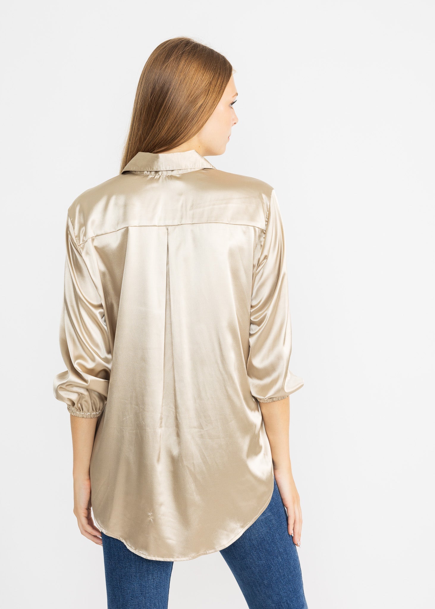 SASHA women's collared button down high low satin blouse - Yana K Collective