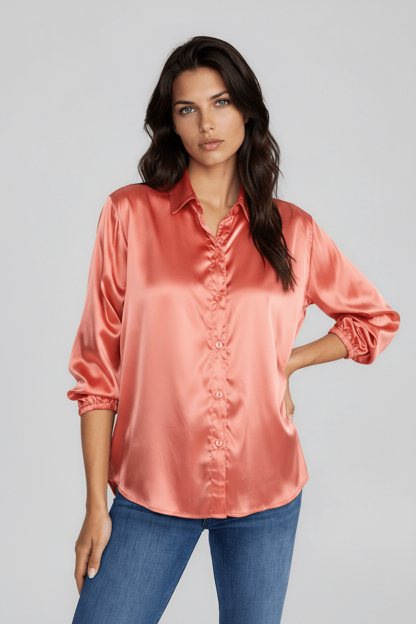 SASHA women's collared button down high low satin blouse - Yana K Collective