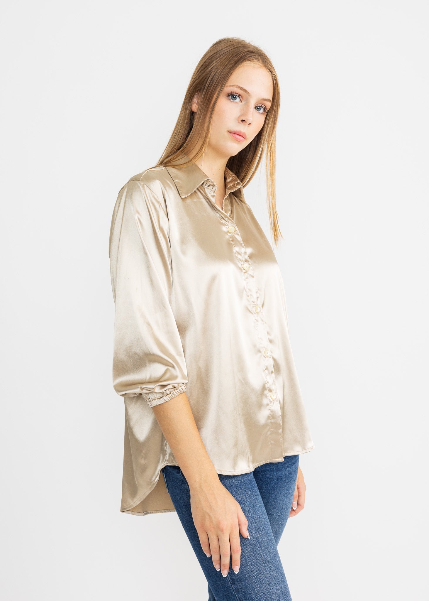 SASHA women's collared button down high low satin blouse - Yana K Collective