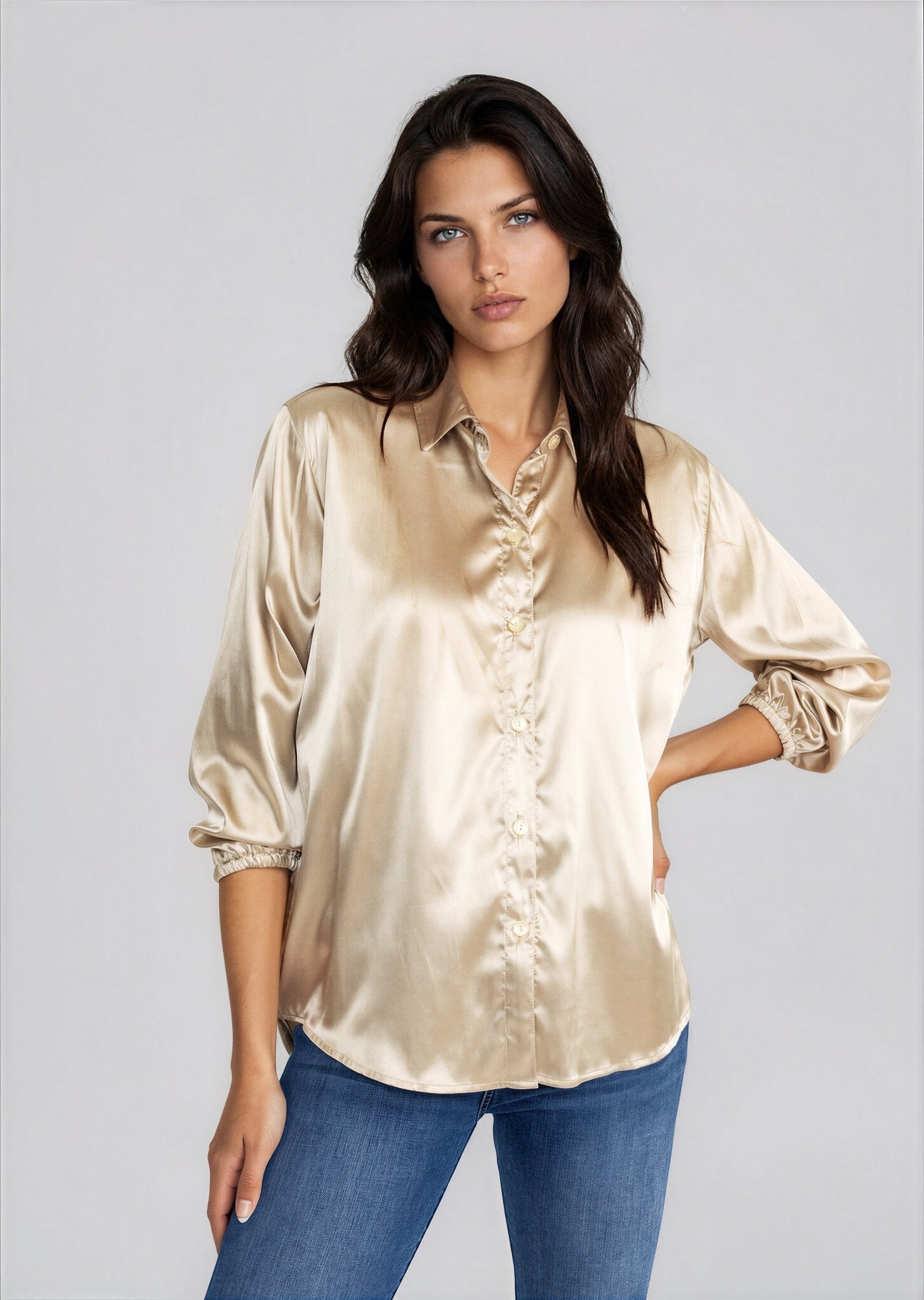 SASHA women's collared button down high low satin blouse - Yana K Collective