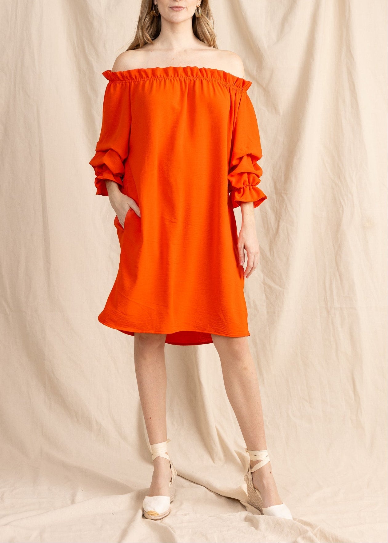 TAURIE women's off shoulder ruffle sleeve mini dress - Yana K Collective
