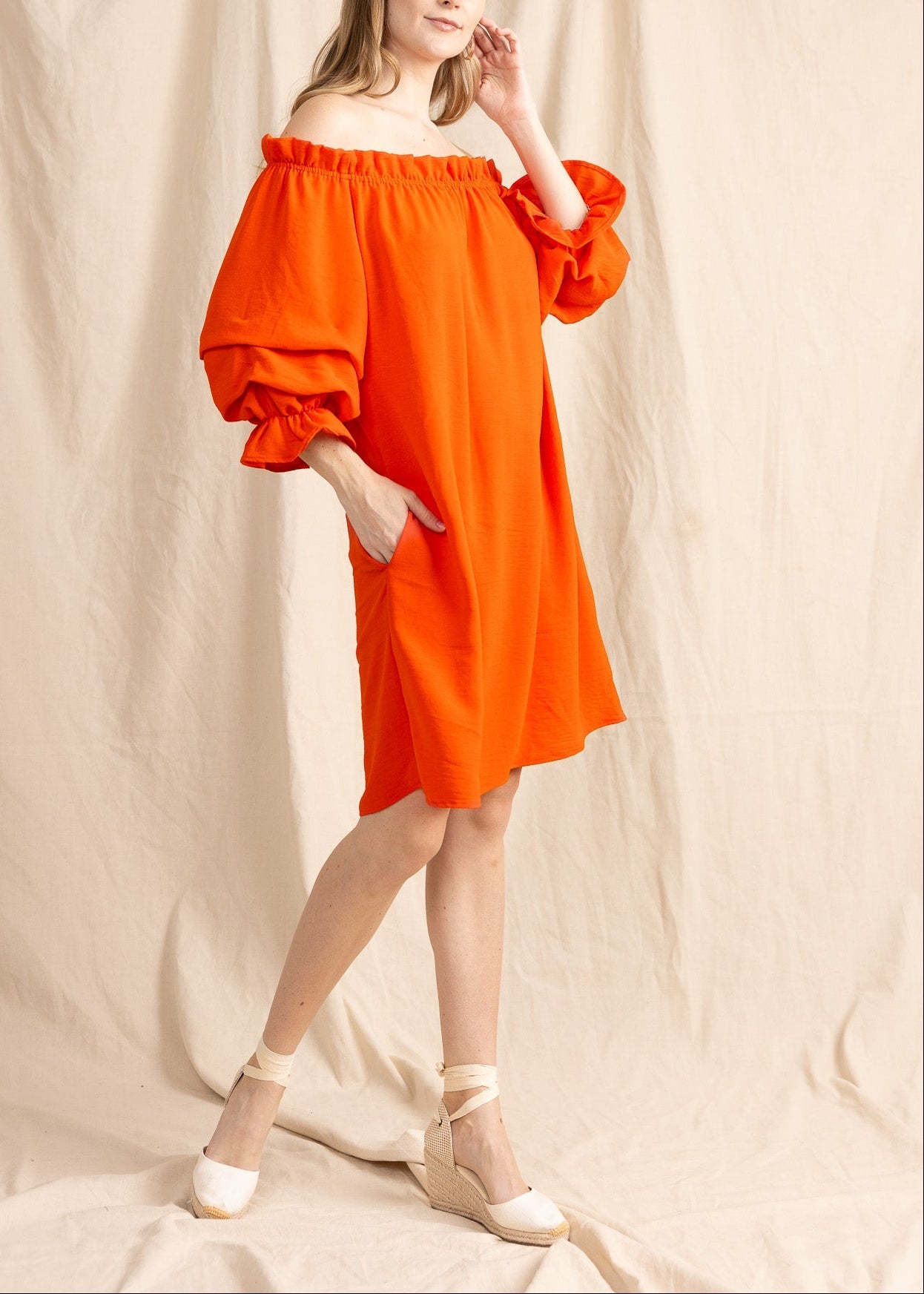 TAURIE women's off shoulder ruffle sleeve mini dress - Yana K Collective