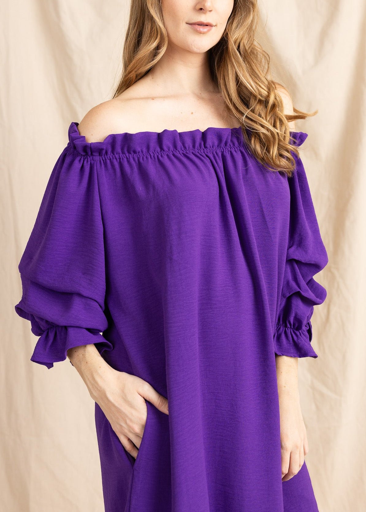 TAURIE women's off shoulder ruffle sleeve mini dress - Yana K Collective