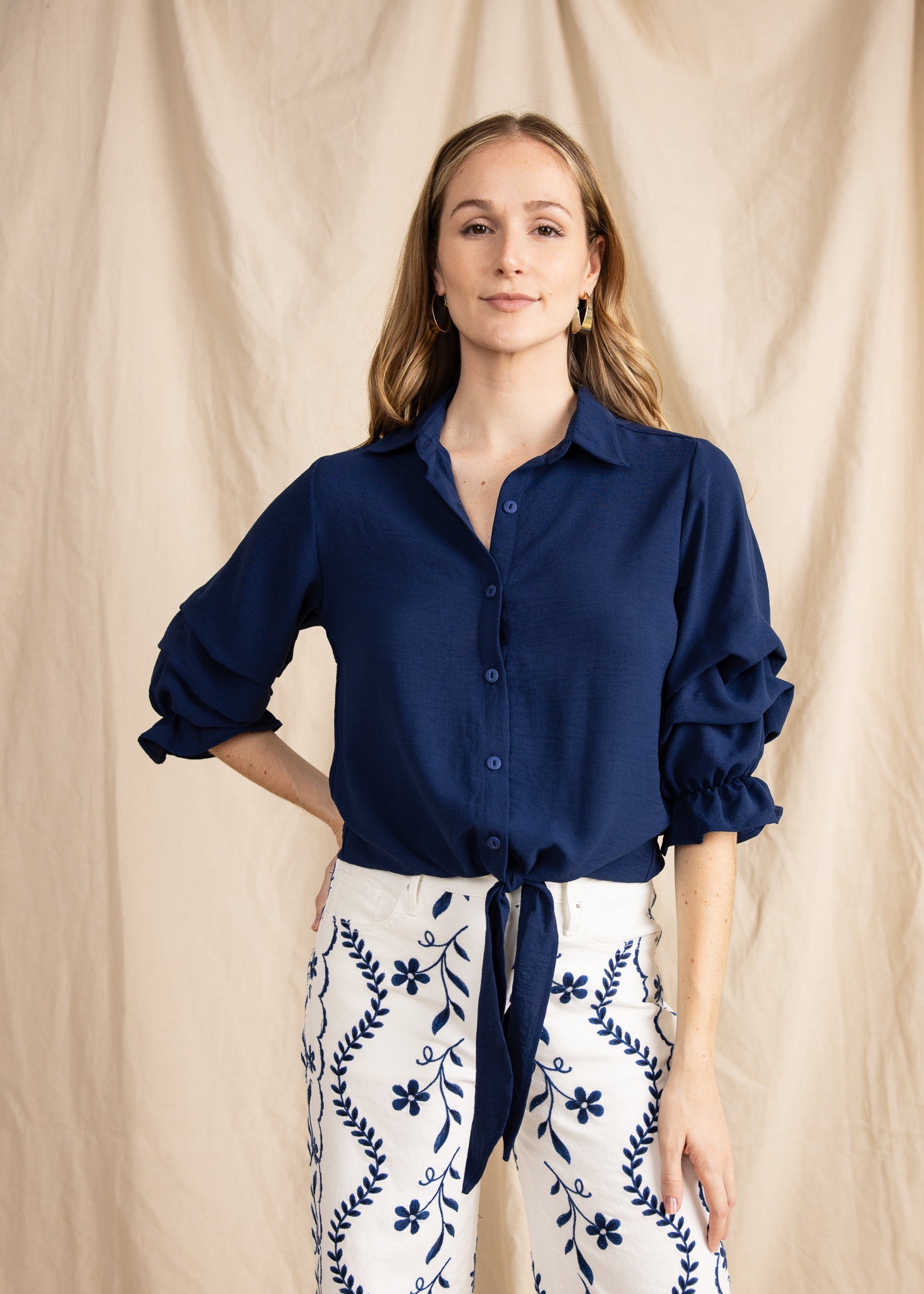 ZAURI women's collared button down ruffle sleeve tie front blouse - Yana K Collective