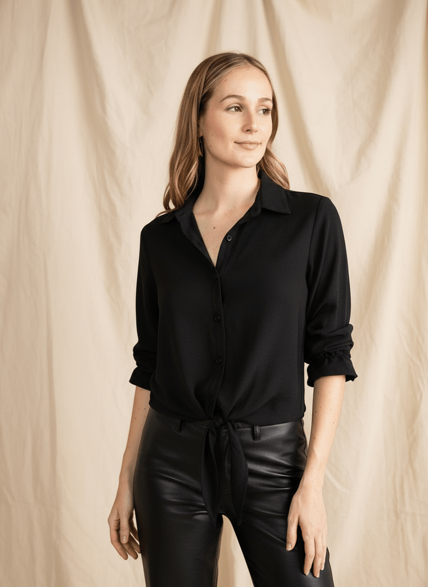 ZAURI women's collared button down ruffle sleeve tie front blouse - Yana K Collective