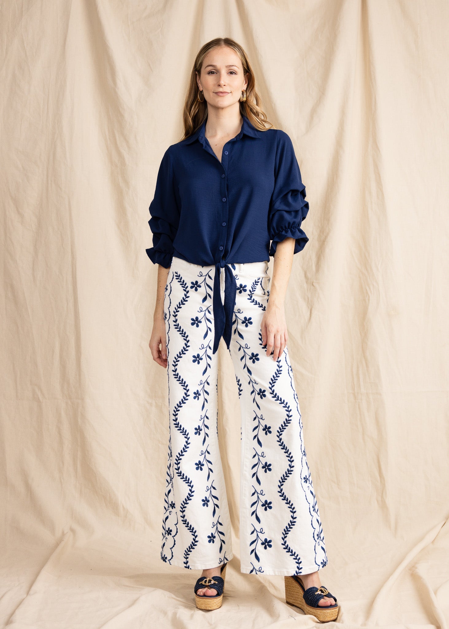 ZAURI women's collared button down ruffle sleeve tie front blouse - Yana K Collective