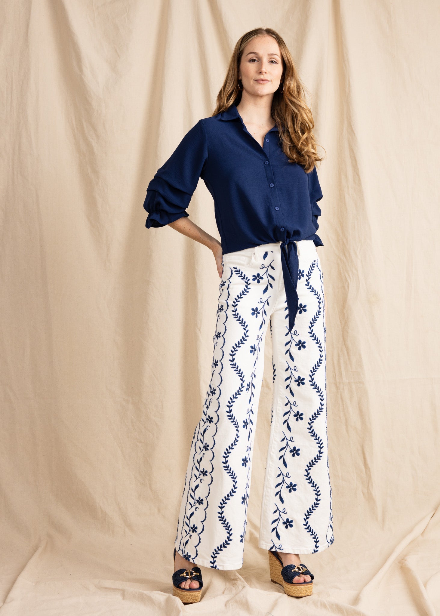 ZAURI women's collared button down ruffle sleeve tie front blouse - Yana K Collective