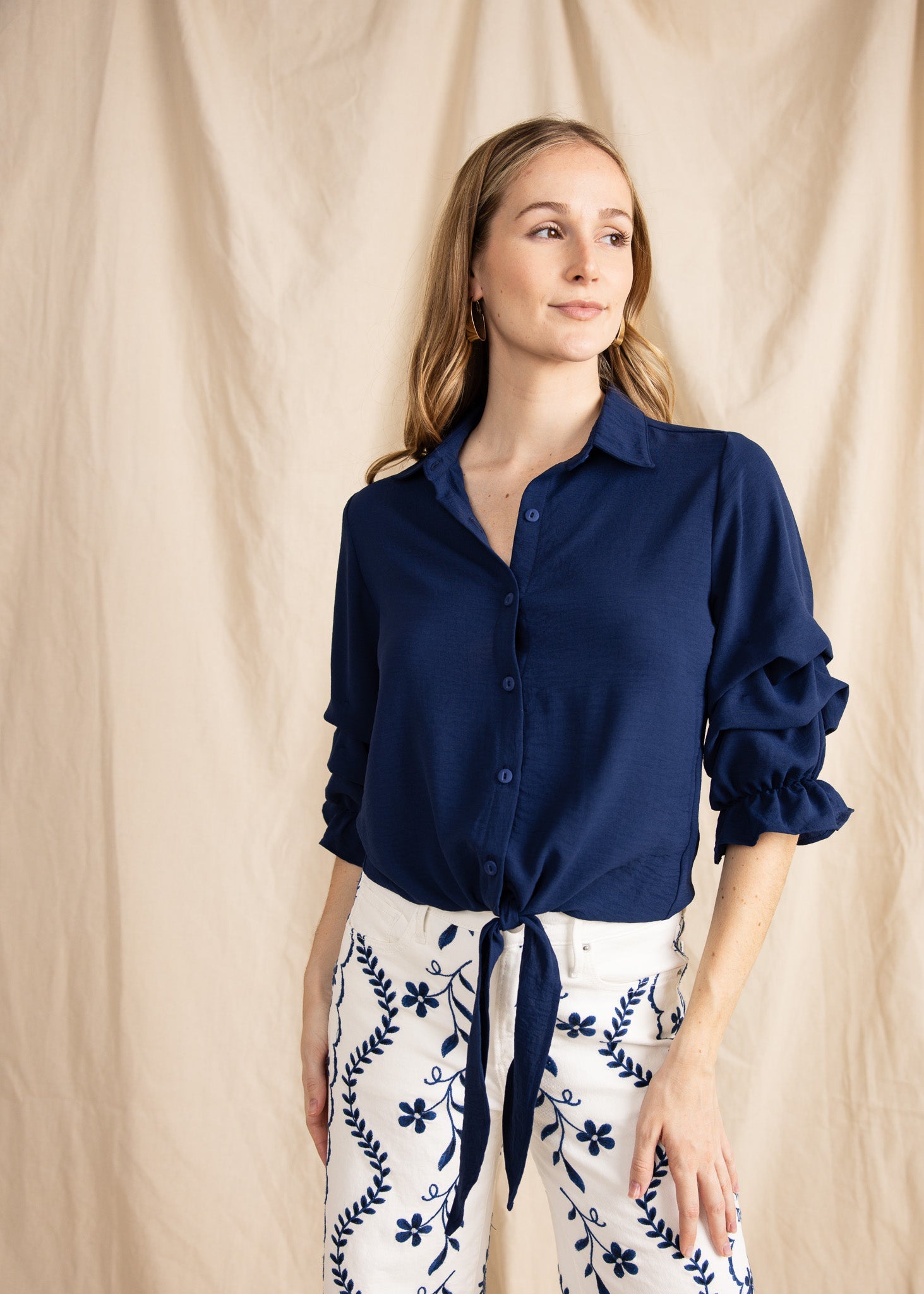ZAURI women's collared button down ruffle sleeve tie front blouse - Yana K Collective